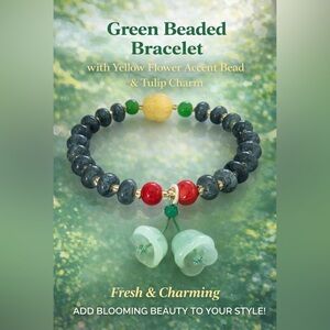 Beaded Bracelet with Green Tulip Charm and Red Accent Beads